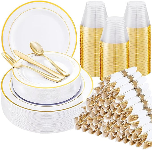 WELLIFE 700 Pcs Gold Plastic Plates for 100 Guests - Disposable Dinnerware Set,Party Supplies Includes 200 Gold Plates,300 Plastic Silverware,100 Napkins,100 Cups for Party and Wedding