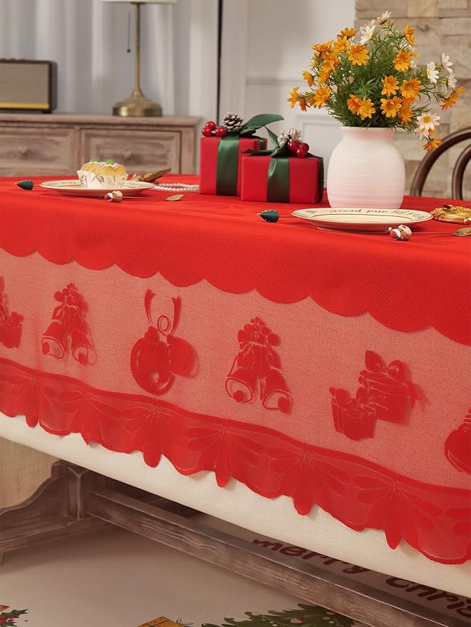 Jayla Christmas Red Lace Tablecloth, Vintage Red Lace Rectangular Tablecloth for Party Picnic Dinner Decor, 54 x 54 Inches