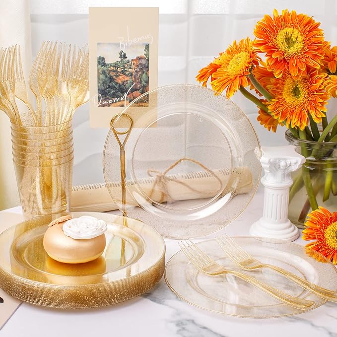 WELLIFE 150PCS Gold Plastic Plates – Gold Glitter Disposable Dinnerware Set for 50 Guests (7.5" Dessert Plates), Includes 50 Plates, 50 Cups & 50 Forks for Wedding & Birthday Party Tableware
