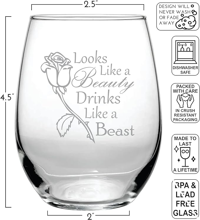 Looks Like a Beauty, Drinks Like a Beast (15 oz) Stemless Glass - The Original Fairytale Inspired Wine Lovers Gifts - Belle Rose - Funny Birthday and Christmas - Women, Her, Sister, Mom, Friend,Mother