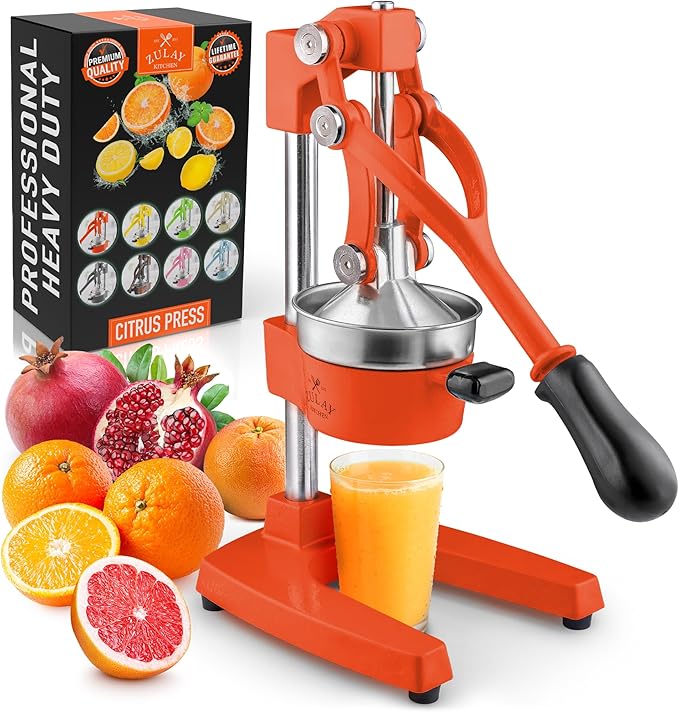 Zulay Kitchen Cast Iron Juicer - Easy-to-Clean Heavy-Duty Manual Juicer, Professional Citrus Juicer - Stainless Steel Lemon Squeezer - Manual Citrus Press & Orange Squeezer - Orange Juicer (Orange)