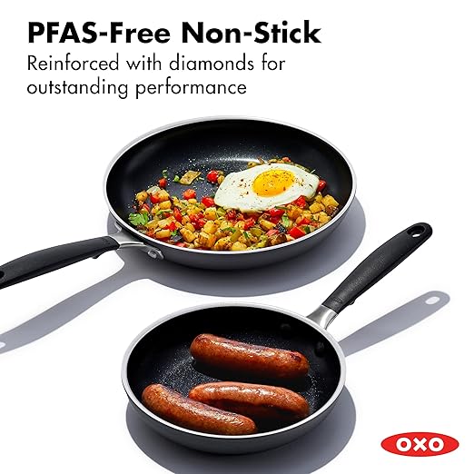 OXO Non-Stick Every Day Frying Pan Set, BPA-Free Comfort Grip Silicone Handles, Dishwasher & Oven Safe, PFAS-Free Ceramic Skillets, Black, 8” & 10”
