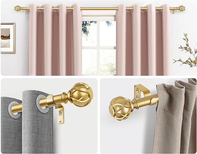 Curtain Rods 2 Pack 32 to 58 Inch, HOTOZON Curtain Rods for Windows, 3/4 Inch Single Splicing Drapery Rod with Netted Finials, Antique Gold