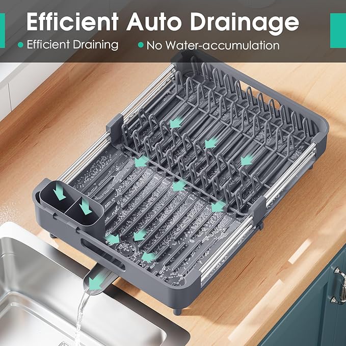 TOOLF Dish Drying Rack with Drainboard, Extendable Dish Rack for Kitchen Counter, Expandable Dish Drainer, Dish Strainer, Foldable Home Countertop Plate Storage Rack with Cutlery Holder, Gray