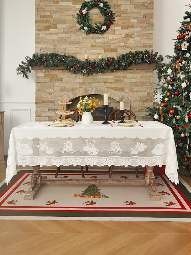 Jayla Christmas White Lace Tablecloth, Vintage White Lace Rectangular Tablecloth for Party Picnic Dinner Decor, 54 x 54 Inches