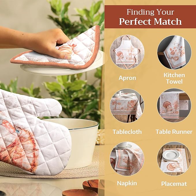 Maison d' Hermine 100% Cotton Oven Mitt & Pot Holder Set (7.5"x13" & 8"x8") Heat Resistant BBQ Cooking Gloves with Loop for Thanksgiving Christmas Decorations Handling Hot Pans (Giving Thanks)