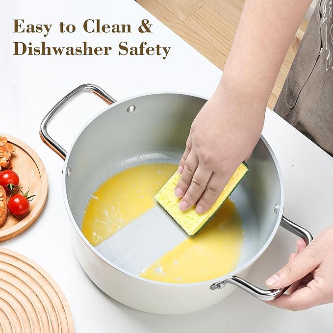 Ceramic 5 Qt Nonstick Stock Pot with Lid, Soup Pot, Easy to Clean Non Stick Pasta Pot, PFOA PFAS PTFE Free, White