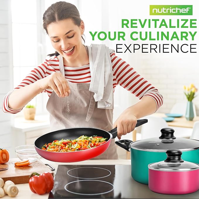 NutriChef 15-Piece Non Stick Kitchen Cookware Set PFOA/PFOS-Free, Colorful Heat Resistant Lacquer w/Saucepot, Frying Pans, Oven Pot, Lids, 5 Utensil - NCCWCOR15