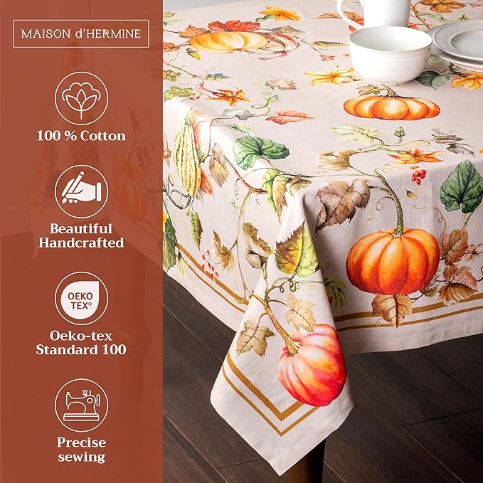 Maison d' Hermine Table Cloth Rectangle Table 100% Cotton 54 x 72 Inches Fall Tablecloth Reusable Everyday Use for Thanksgiving Christmas Decorations Dining Farmhouse Party (Potiron)