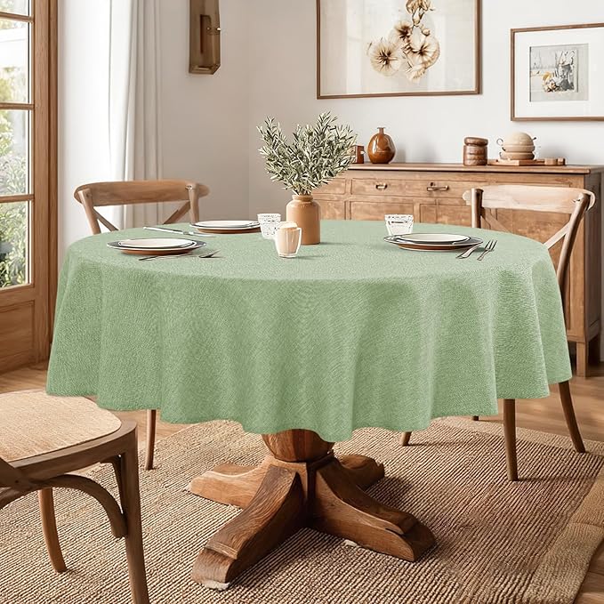 JIUZHEN Round Table Cloth Faux Linen Farmhouse Tablecloth Wrinkle and Stain Resistant Decorative Fabric Table Cover for Kitchen, Dining Room, Parties and Camping, Sage Green, 70 Inch Round
