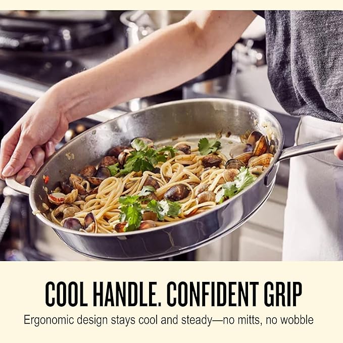 Alva Maestro 9.5" 5-Ply Stainless Steel Frying Pan & Glass Lid – Made Without PTFE/PFOA/PFAS, Non-Toxic & Oven Safe Cookware – Induction Compatible, Even Heat Distribution, Ergonomic Stay-Cool Handle