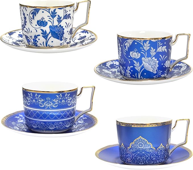 ACMLIFE Bone China Tea Cups and Saucers Set of 4, 6.8 oz Blue and White Tea Cups Set of 4, with Gold Trim and Gift Box (Blue-4)