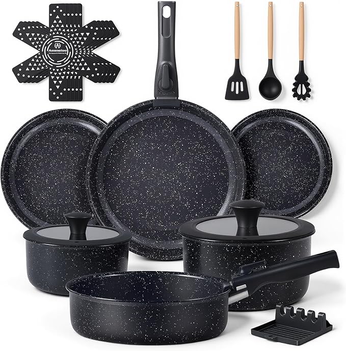 Ammeloo 21 Pcs Pots and Pans Set Non Stick, Ceramic Kitchen Cookware Set with Detachable Handle, Non Toxic Cooking Set for Kitchen, RV, Camping and Fridge, Induction Ready, Dishwasher/Oven Safe, Black