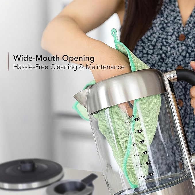 OVENTE Electric Kettle, 1500W No Plastic 1.8L Tea Kettle and Hot Water Boiler For Coffee or Tea, Easy to Fill Lid, Automatic Shut-Off, Borosilicate Glass with Stainless Steel Spout, Silver KG71S