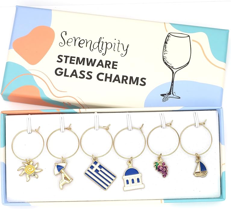 Serendipity Greek Wine Glass Charms, Gift for Greeks, Greece Inspired Glass Identifiers, Set Include 6 charms: Greek Flag, Santorini Chapel, Sun, Sunbed, Boat and Grape, Greek Woman Gift