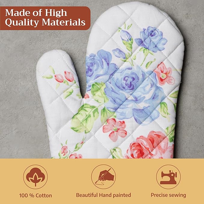 Maison d' Hermine Oven Gloves 100% Cotton Oven Mitt 7" x 13" with Loop Heat Resistant, BBQ, Cooking Gloves, Baking, Grilling, Kitchen, Handling Hot Pans Spring/Summer (Pack of 1, Vintage Floral)