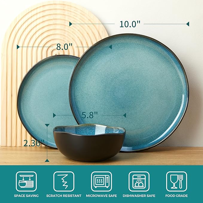 Extra Large Dinnerware Set for 12, 36 Pieces Ceramic Plates and Bowls Set, Kitchen Dish Set, Microwave & Dishwasher Safe Dishware, Ocean-Inspired Stoneware for Big Gatherings, Green Black
