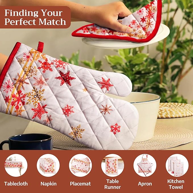 Maison d' Hermine Oven Gloves 100% Cotton Oven Mitt 7" x 13" with Loop Heat Resistant BBQ Cooking Gloves for Thanksgiving Christmas Decorations Baking Handling Hot Pans (Pack of 1, Crystal Star)