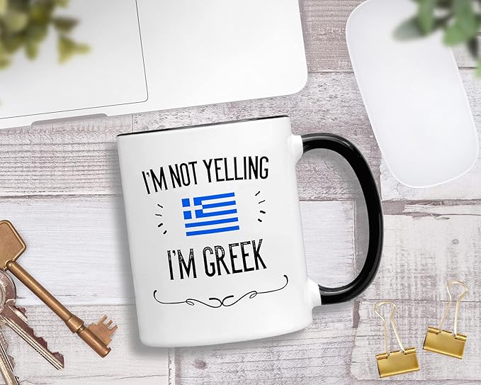 Casitika Funny Greek Souvenirs and Gifts. I'm Not Yelling I'm Greek11 oz Coffee Mug. Gift Idea for Men and Women From Greece Featuring the Country Flag. (Black Handle/Rim)