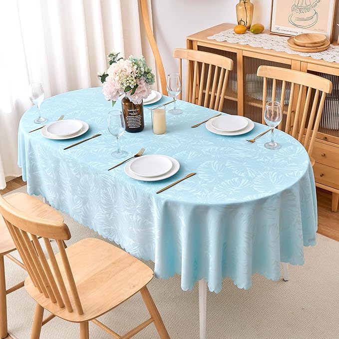 Oval Tablecloth 60x84 Inch Blue Table Cloth Leaves Pattern Scalloped Edge Silky Soft Fabric Waterproof Wrinkle Free Washable Table Cover for Kitchen Dinning Party Decoration