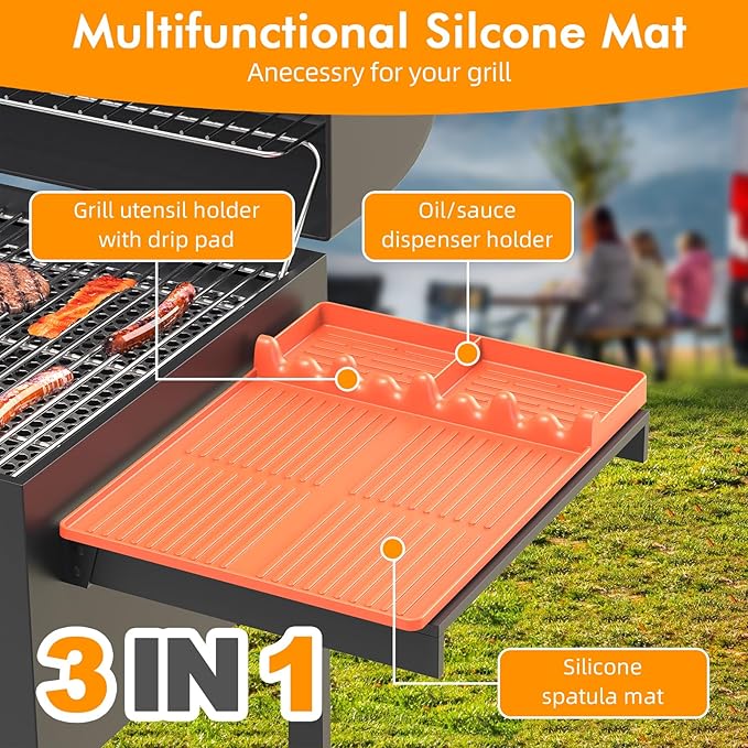Valentines Day Gifts for Him - Silicone Griddle Tool Mat Compatible with Blackstone Weber - Flat Top Grill Pellet Smoker Side Shelf Spatula Mat with Drip Pad - BBQ Grilling Accessories (Orange)
