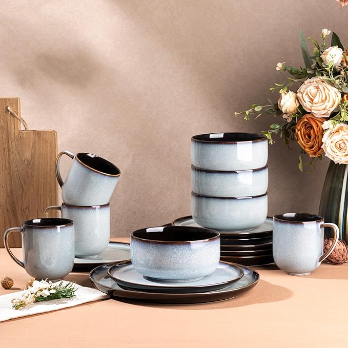 LERATIO Ceramic Dinnerware Sets for 4,16-PieceReactive Glaze Plates and Bowls Set with Mugs,Highly Chip and Crack Resistant | Dishwasher,Microwave & Oven Safe Dishes set-Gray White
