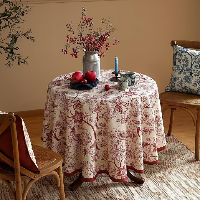 ISAENNE Designer French Linen Small Round Tablecloth,Red Floral Washable Indoor Table Cloth,Durable Home Decor Tablecloths for Dining Thanksgiving Kitchen Party Christmas,Diameter 55"-Ruyi A