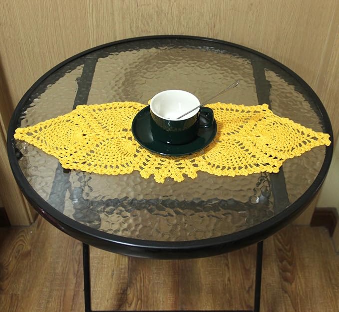 BIBITIME Crochet Lace Table Doilies Eyes Flower Doily Kitchen Vase Place Mats (Style02-Yellow, 7 in x 21 in,Pack of 1PC)