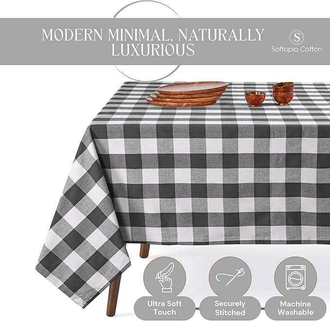 Buffalo Plaid Check 52"x70" Tablecloth 100% Cotton Washable Rustic Rectangle Table Cover Decorative for Gifts, Dining, BBQ, Buffet Parties & Camping - Grey