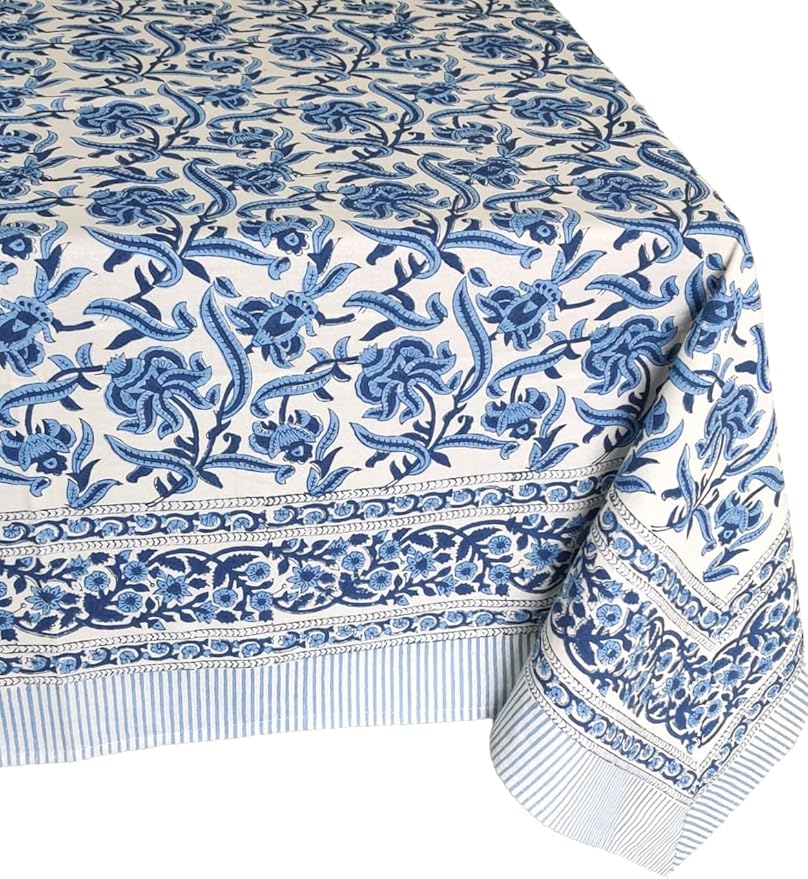 ATOSII Midnight Bloom 100% Cotton Fall Tablecloth, Handblock Print Blue Square Table Cloth for Kitchen Dining Table Linen I Parties Wedding Christmas Thanksgiving Outdoor Fall Decor 60 X 60 Inches