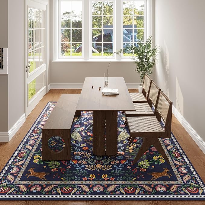 Rugcomf 8x10 Area Rugs for Living Room Washable Rug Floral Non-Slip Large Rug for Living Room, Bedroom, Farmhouse, Dining Room, Kids Playroom(Blue)