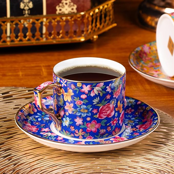 KAMMAK Tea Cups and Saucers Set of 2, Ceramic Coffee Cup with Saucer for Espresso, Cappuccino, 7oz Vintage Yellow and Blue Floral Porcelain Novelty Mug for Home, Tea Party, Office