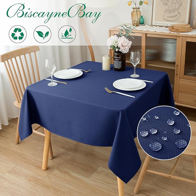 Biscaynebay Textured Fabric Square Tablecloths 60x60 Inches, Navy Water Resistant Table Cloth Small Card Folding Table Covers Linen for Dining, Kitchen, Wedding and Parties etc. Machine Washable