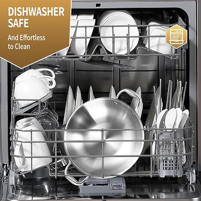 LOLYKITCH 12 Inch Tri-Ply Stainless Steel Wok Pan with Lid,Kadai,5 QT Induction Cooking Pot,Dishwasher and Oven Safe