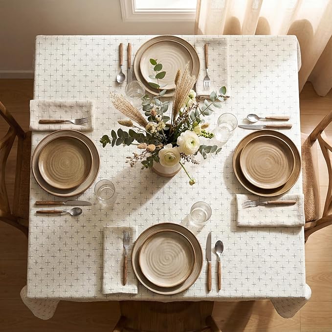 Horaldaily White Rectangular Table Cloth, Cross-Star Solid Textured Embroidery Tablecloth, Wrinkle Free Washable 60×84 Inch Table Cover for Kitchen, Party, Wedding, Picnic, Outdoor