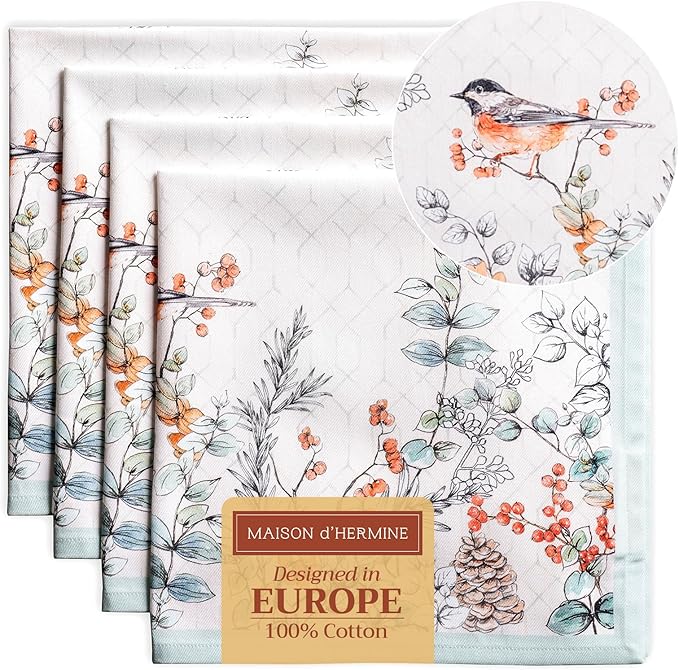 Maison d' Hermine Cloth Napkins Set of 4 100% Cotton for Thanksgiving Christmas Decorations Everyday Reusable Square Fall Napkins Cloth Washable Dinner Party (Whitish Shabby Chique, 20"x20")