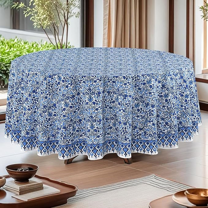 Ridhi Block Print Round Dark Royal Blue Reusable Tablecloth 100% Cotton 132" Inch Decorative Table Cover eveyday Dining, Home, Party, Wedding, Farmhouse Gift for Spring, Easter, Valentine
