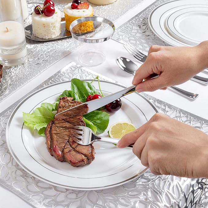 175PCS Sliver Plastic Plates - Silver Plates Disposable - White Plate with Silver Trim 25Guests Plastic Dinnerware Sets with Rolled Napkins for Wedding/Birthday/Valentine's Day