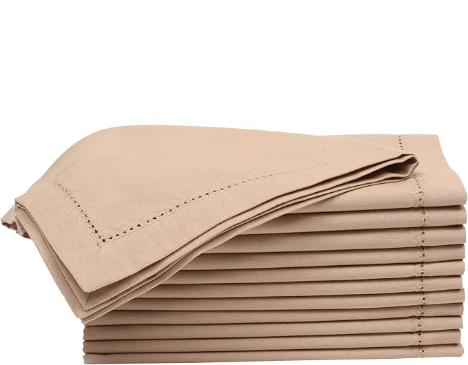 Lightnpro Cloth Dinner Napkins Set of 12 - Hemstitched Dinner Cloth Napkins, Washable and Reusable Natural Flax Napkins for Dining, Parties, Weddings, Holiday & Everyday Use - 18x18 Inch Beige