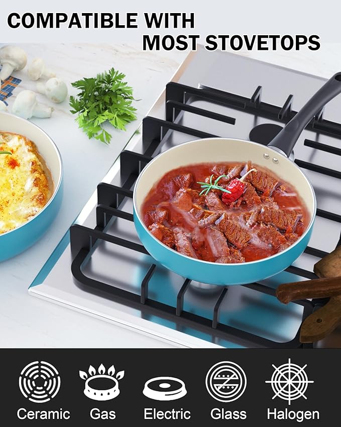Cook N Home 10-Piece Ceramic Nonstick Cookware Set - Pots, Pans, Dutch Oven, Saucepans, Frying Pans and Lids - Turquoise