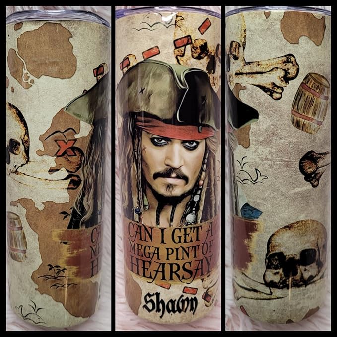 Personalized Mega Pint of Hearsay Depp Jack Sparrow Skinny Tumbler Cup 20 oz with straw and lid, Portable Coffee Travel Mug