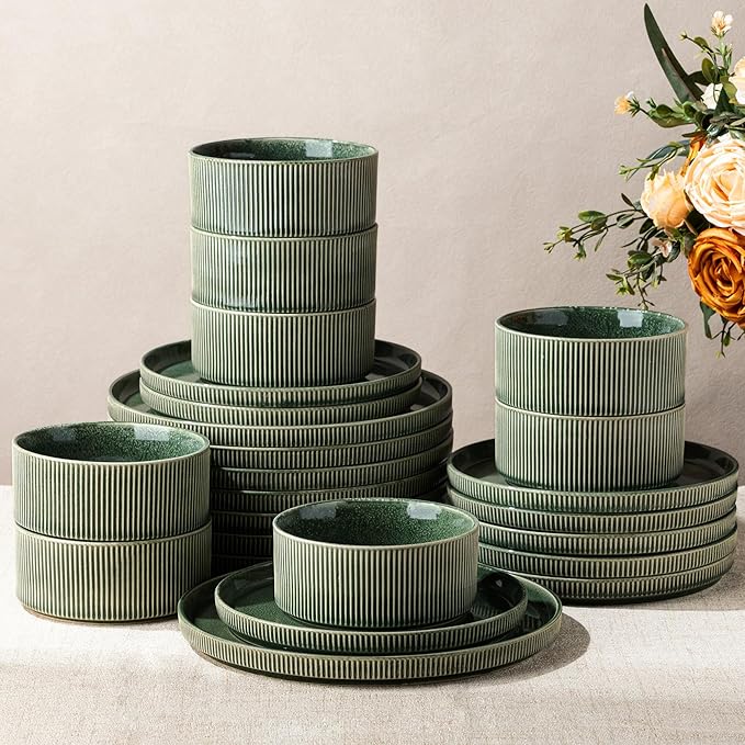 GBHOME 24-Piece Stoneware Dinnerware Set for 8 – Ribbed Ceramic Plates and Bowls, Scratch-Resistant, Microwave & Dishwasher Safe, Reactive Glaze, Dark Green