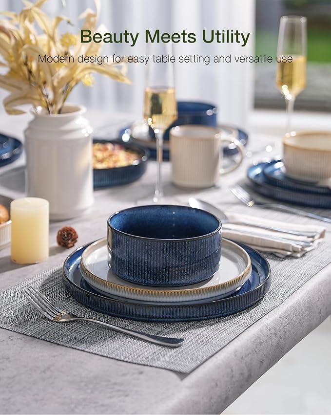 Famiware Star Dinnerware Set, Plates and Bowls Sets for 4 (12pcs), Ribbed Stoneware Dishes - Chip & Scratch Resistant, Microwave & Dishwasher Safe, Multicolor - Cappuccino White & Nebulas Blue
