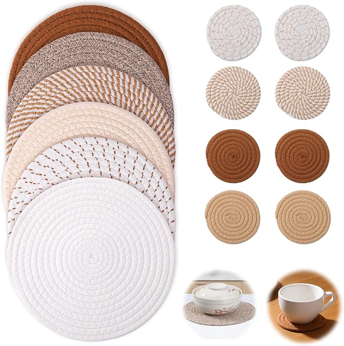 14-Piece Trivet Mats and Woven Coasters Set, Large Trivets for Hot Pots and Pans, Heat-Resistant Pot Trivets and Fabric Coasters for Kitchen and Dining Table