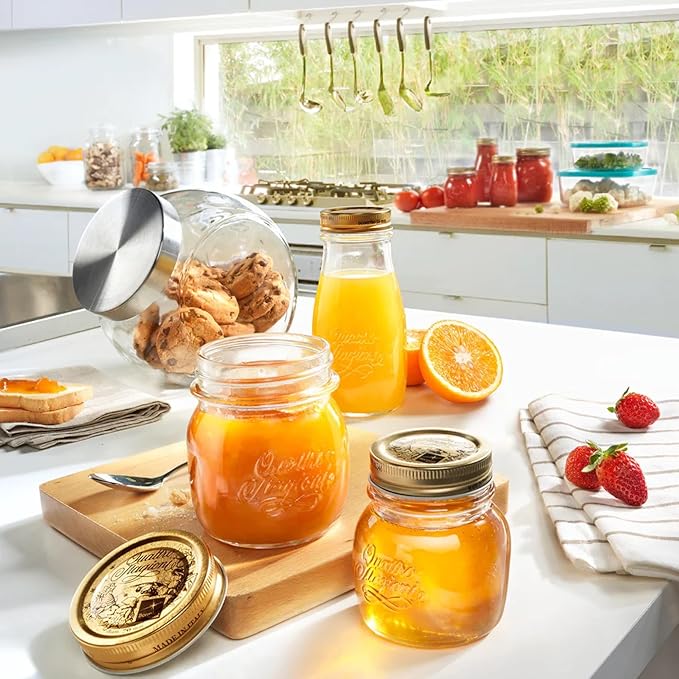 Bormioli Rocco Quattro Stagioni Small Bottles (Set of 6) - 6.75 Oz. Embossed Reusable Glass Jars with Airtight Lid, For Food Prep, Sauces, Gifts & Crafts - Round Bottle Containers, Made in Italy