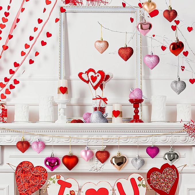 72 Pack Valentine Day Heart Shaped Ornaments Romantic Various Styles Heart Hanging Baubles Colorful Romantic Glossy Hearts Valentine's Day Decor for Party Anniversary Crafts Party Favors