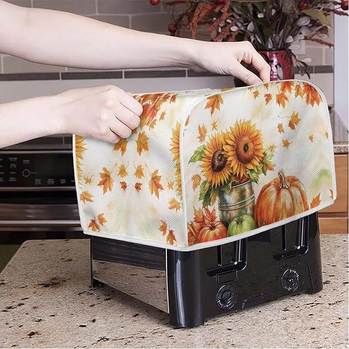 Doojoayie Toaster Cover Dust Resistant Cover for Kitchen Small Appliance Sunflower & Pumpkin 2 Slice Bread Machine Protector Thanksgiving Decor Accessories for Home Kitchen