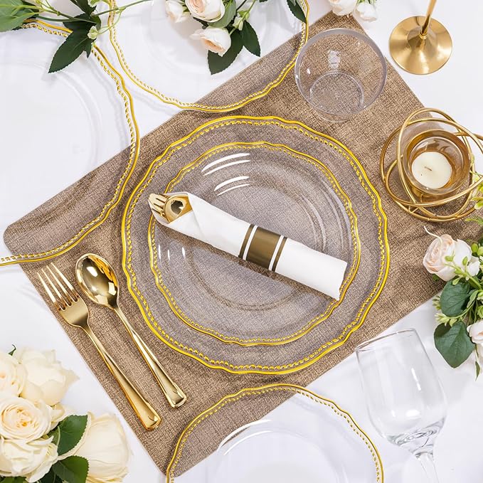 Hioasis 175pcs Clear Gold Plastic Plates - Gold Plastic Dinnerware Set Includes 25 Dinner Plates, 25 Dessert Dinnerware, 25 Cups, 25 Napkins Perfect for Wedding & Party