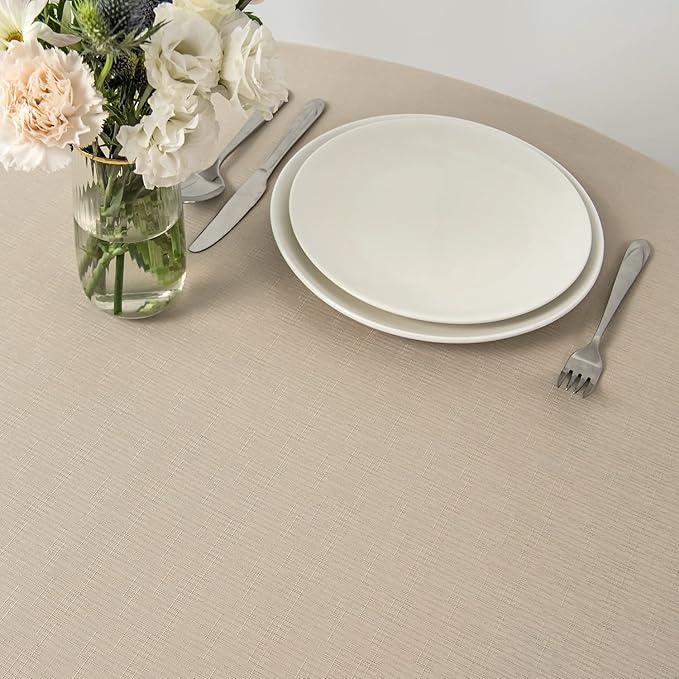 maxmill Round Linen Looking Textured Tablecloth Spill-Proof Wrinkle Free Soft Jacquard Table Cloth for Circular Table Cover, for Dining Room Buffet Banquet Parties Holiday Dinner, 70 Inch Natural