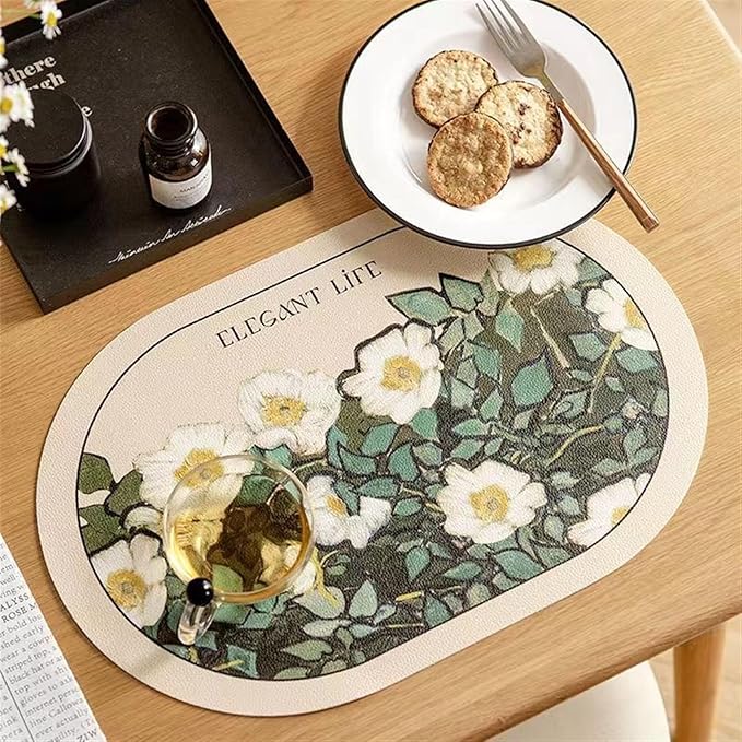 Oval Leather Placemat Pink Flower Table Mat Waterproof Anti-Oil Placemats Heat Insulation Plate Bowl Pad Dining Room Decor(A)